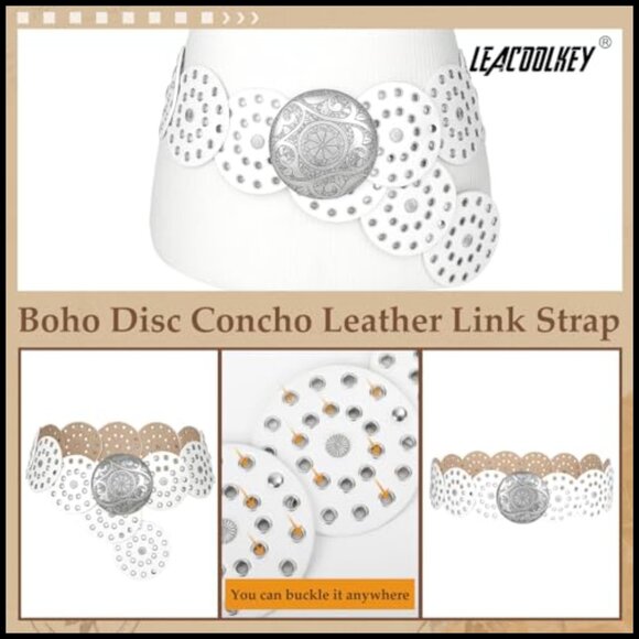 Western Boho Faux Leather Belt Concho Disc Waist Accessory Adjustable main image 4